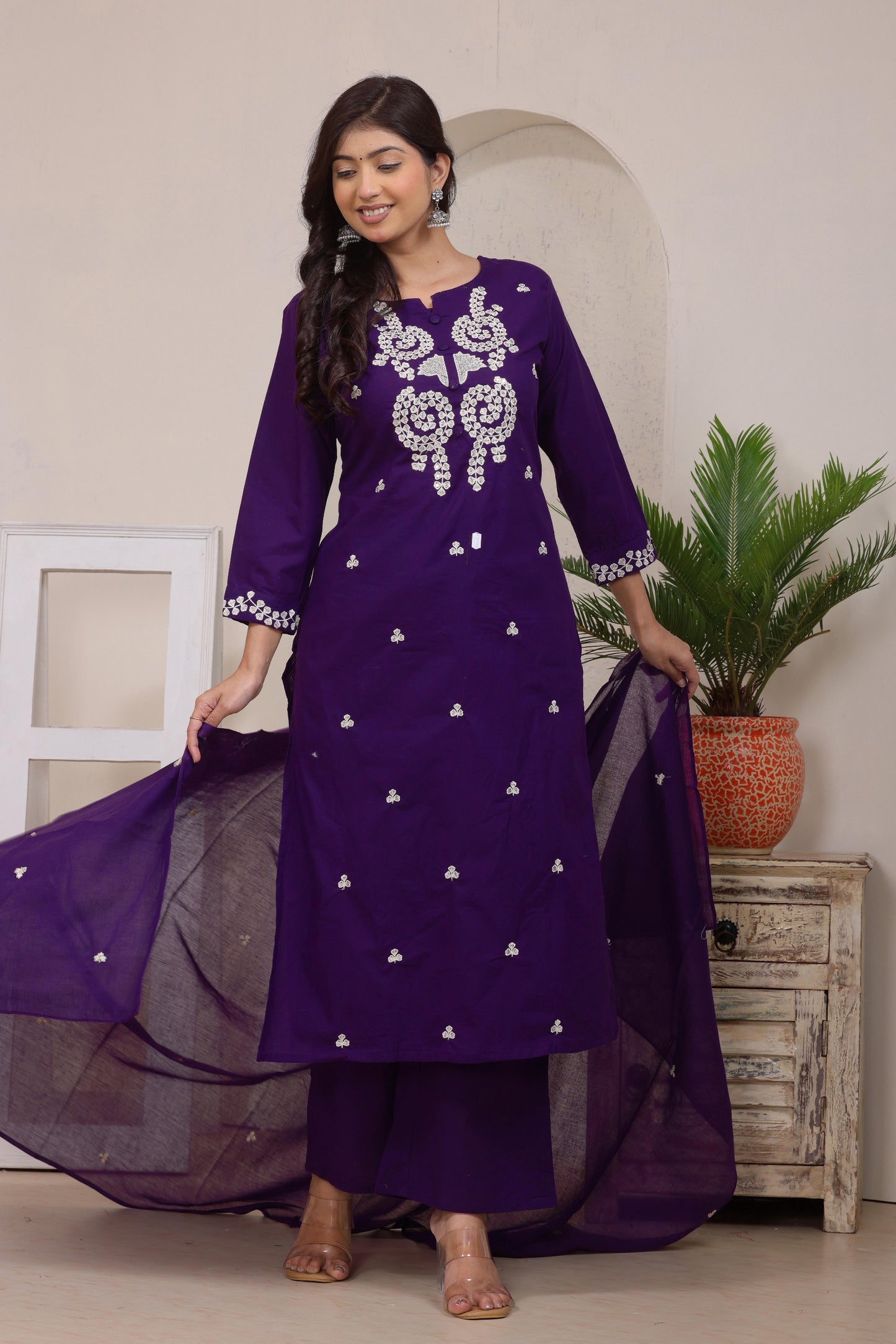 Gulabi Leaf's Solid Pure Cotton Embroidered Kurta, Pant With Dupatta