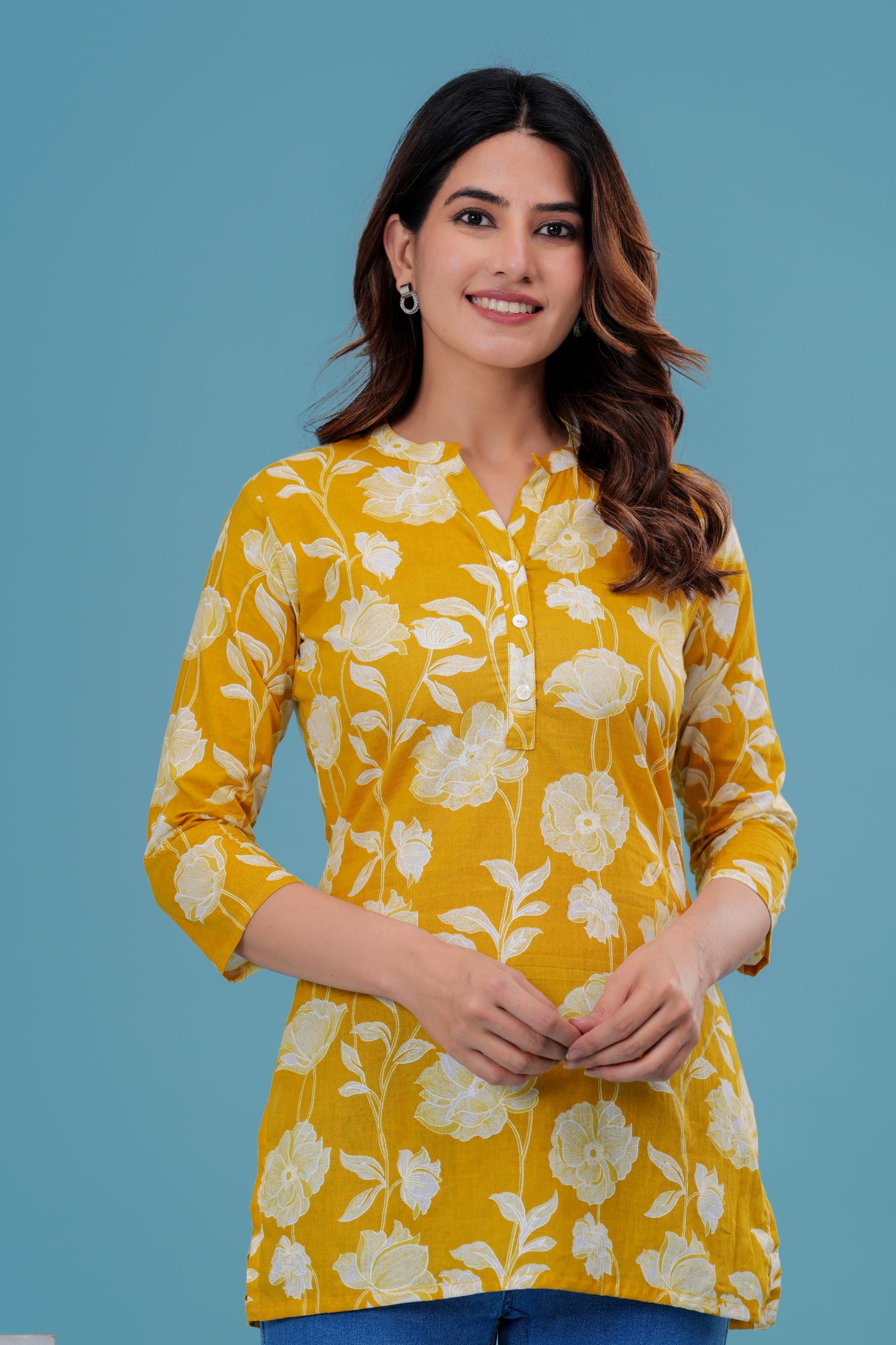 Women's Yellow Floral Cotton Short Kurti – 3/4 Sleeve