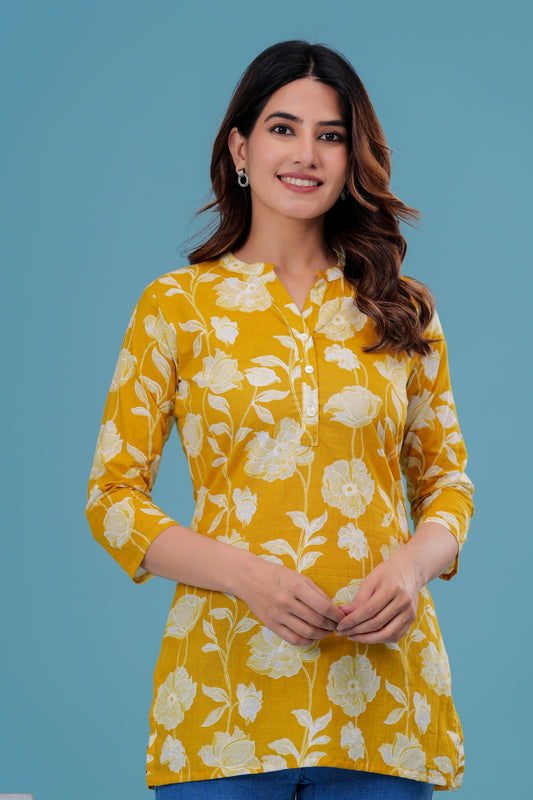 Women's Yellow Floral Cotton Short Kurti – 3/4 Sleeve