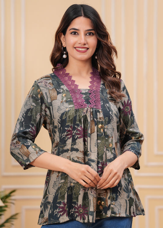 Women’s Printed Tunic Top with Lace Neck Detailing – Casual & Ethnic Fusion Wear