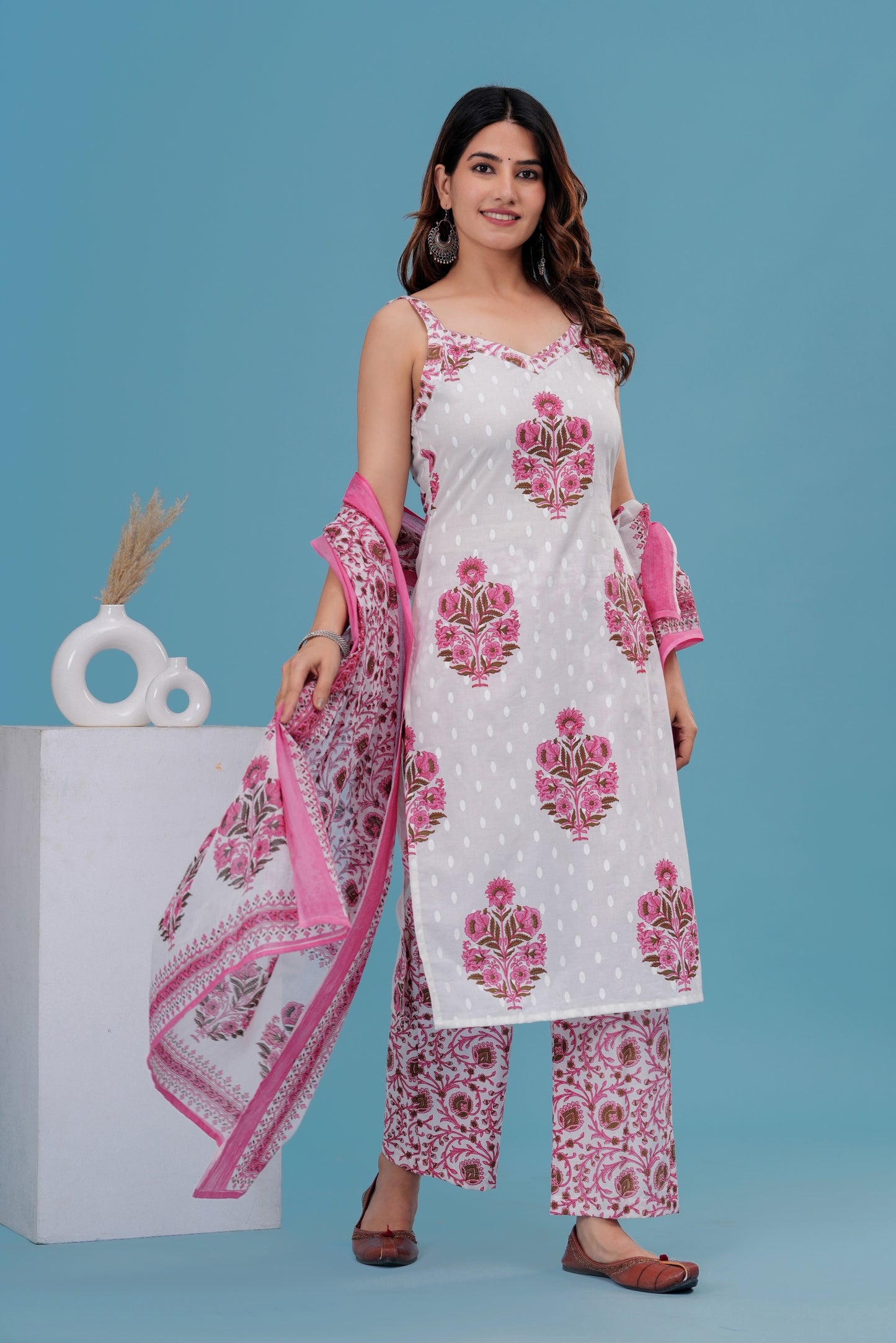 Women's Cotton Printed Striped Kurta Set with Dupatta – White & Pink Flora