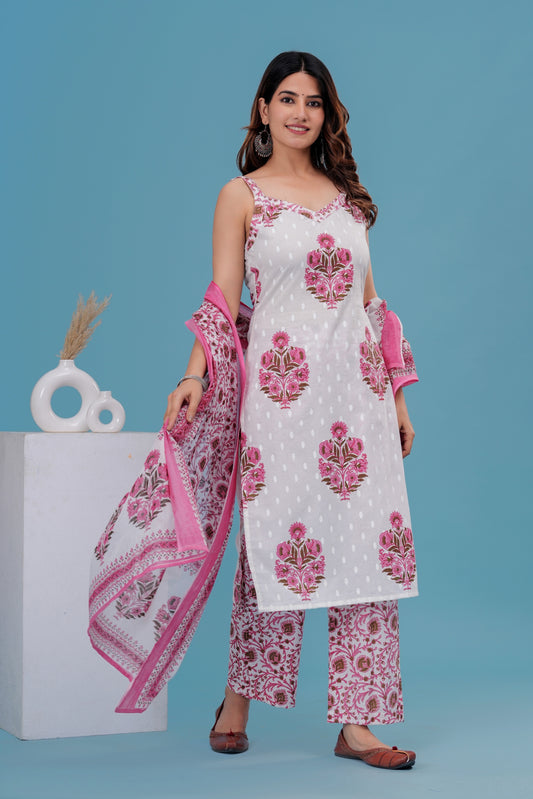 Women's Cotton Printed Striped Kurta Set with Dupatta – White & Pink Flora