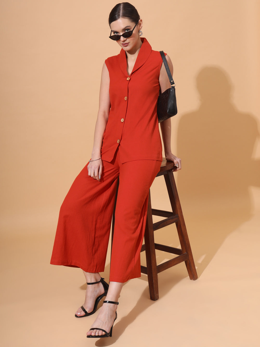 Women's V Neck Pure Cotton Waistcoat With Palazzo Co-Ord