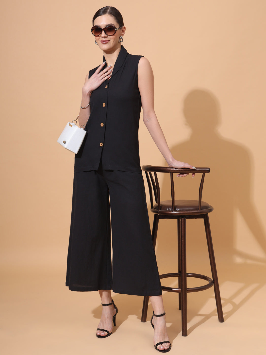 Women's V Neck Pure Cotton Waistcoat With Palazzo Co-Ord