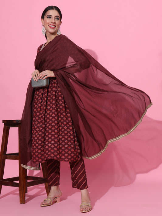 Maroon Ethnic Printed & Embroidered Kurta Set with Dupatta – Festive Wear for Women