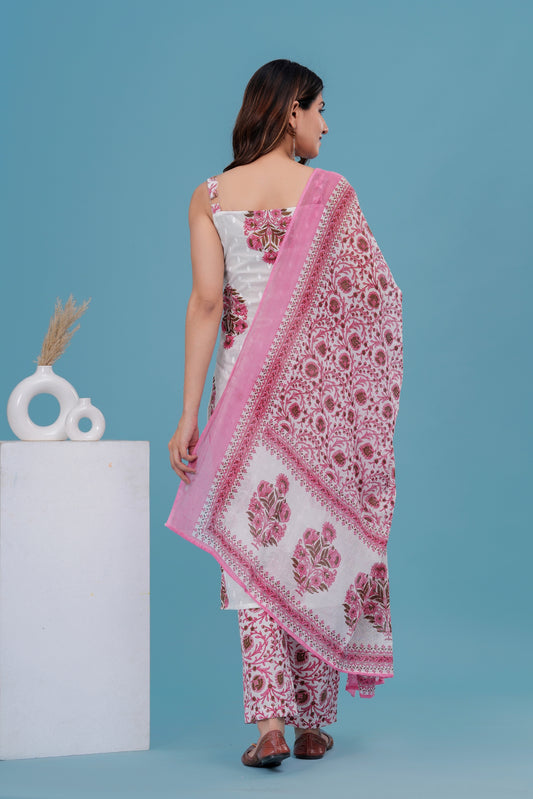 Women's Cotton Printed Striped Kurta Set with Dupatta – White & Pink Flora