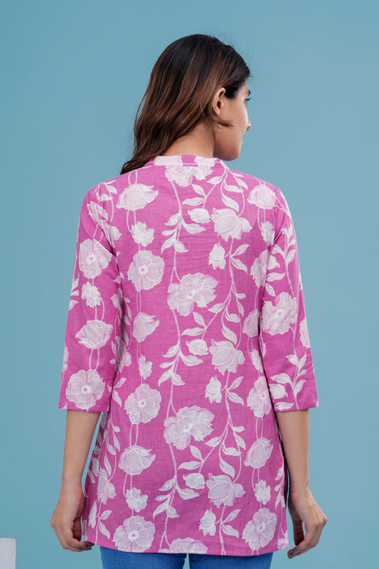 Women's Pink Floral Cotton Short Kurti – 3/4 Sleeve