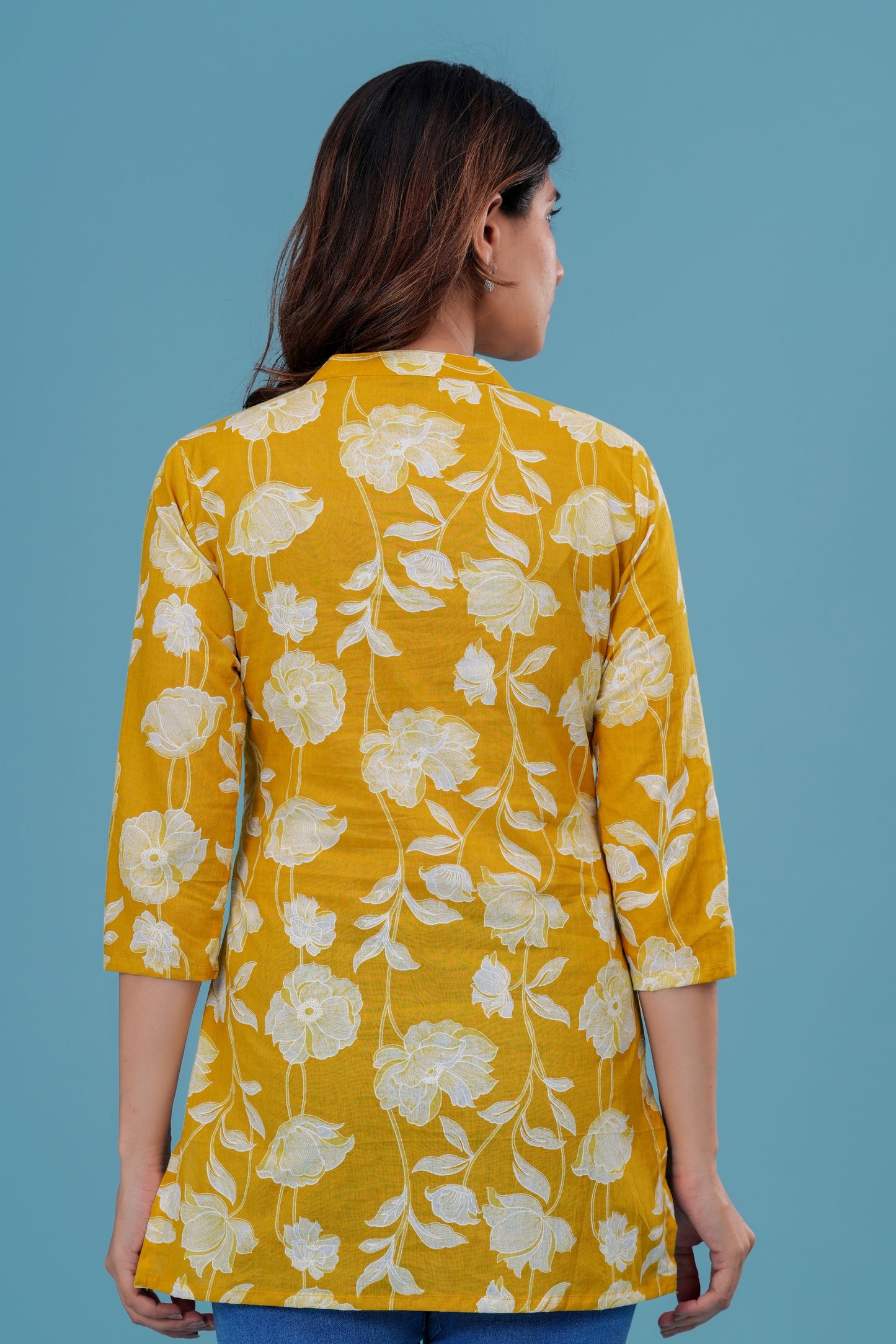 Women's Yellow Floral Cotton Short Kurti – 3/4 Sleeve