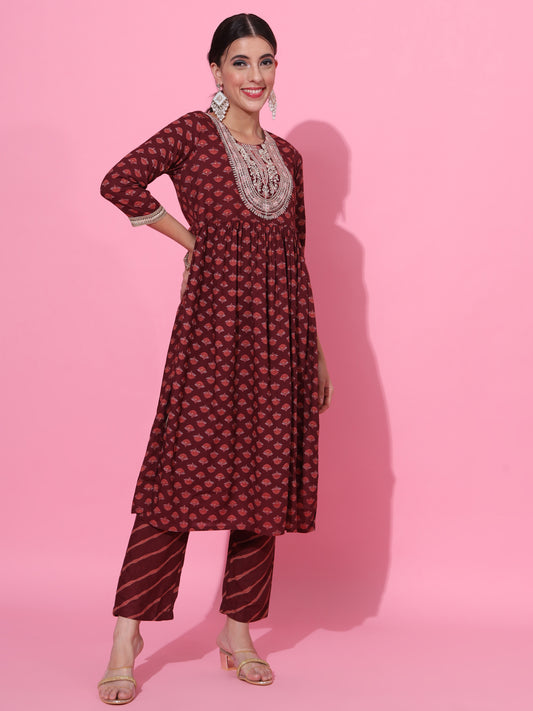 Maroon Ethnic Printed & Embroidered Kurta Set with Dupatta – Festive Wear for Women