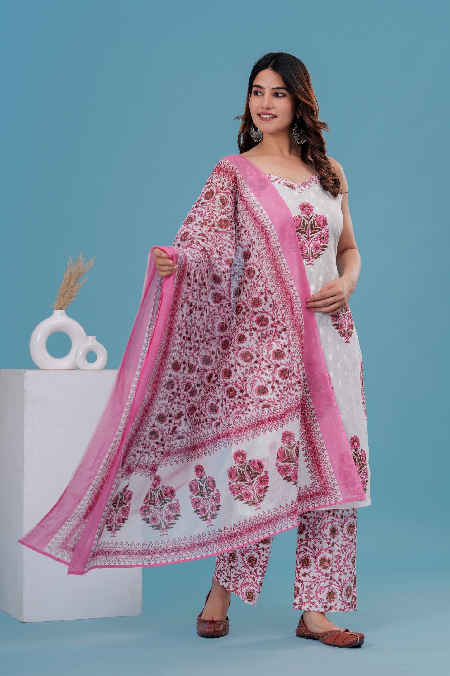 Women's Cotton Printed Striped Kurta Set with Dupatta – White & Pink Flora