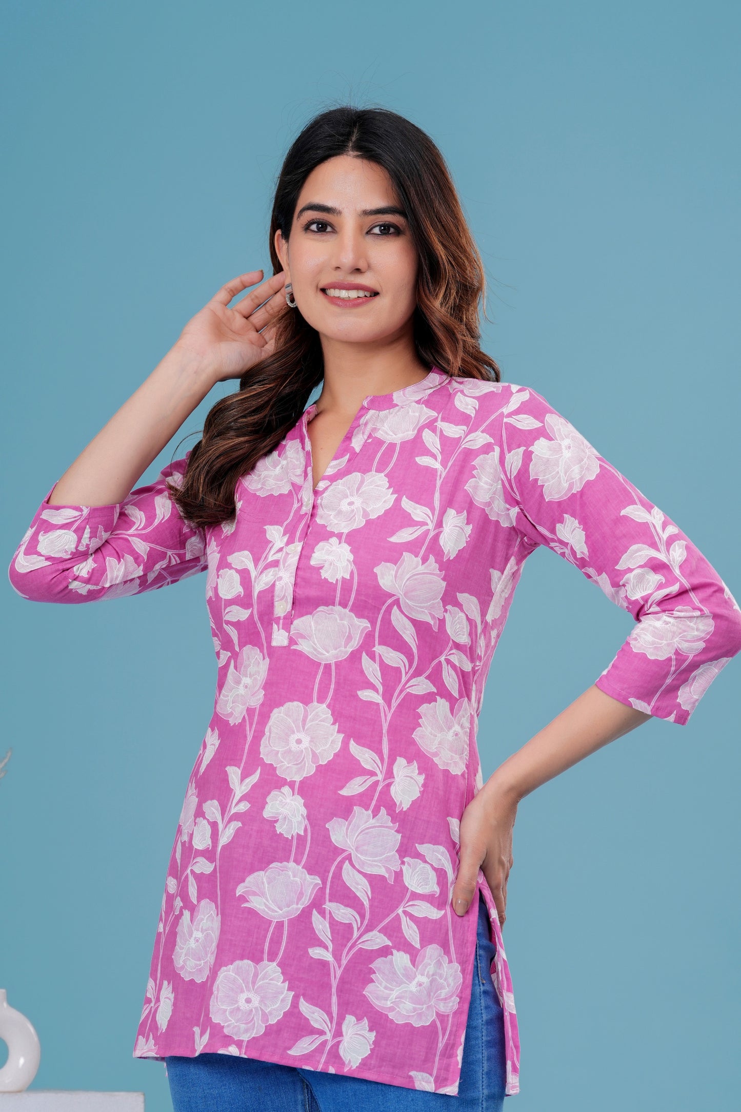 Women's Pink Floral Cotton Short Kurti – 3/4 Sleeve