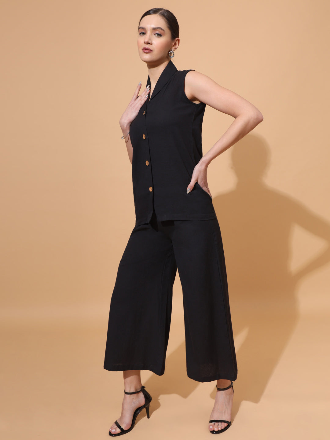 Women's V Neck Pure Cotton Waistcoat With Palazzo Co-Ord