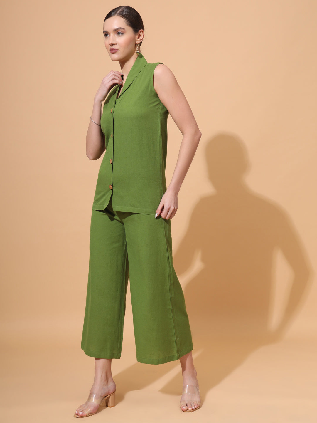 Women's V Neck Pure Cotton Waistcoat With Palazzo Co-Ord