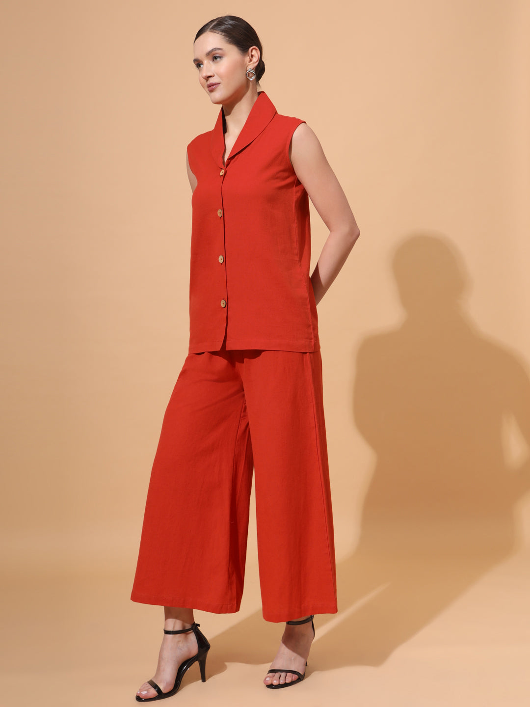 Women's V Neck Pure Cotton Waistcoat With Palazzo Co-Ord