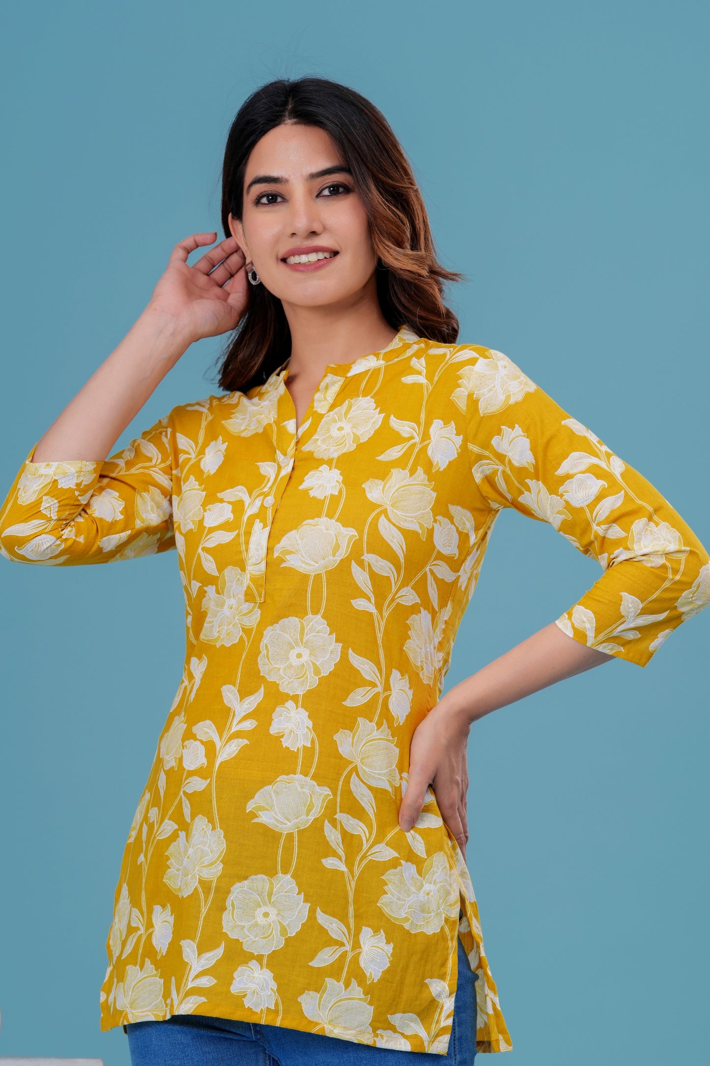 Women's Yellow Floral Cotton Short Kurti – 3/4 Sleeve