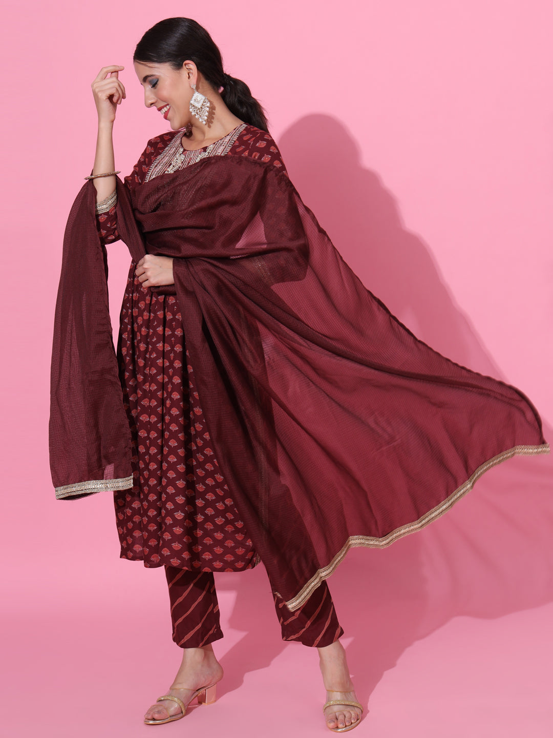 Maroon Ethnic Printed & Embroidered Kurta Set with Dupatta – Festive Wear for Women