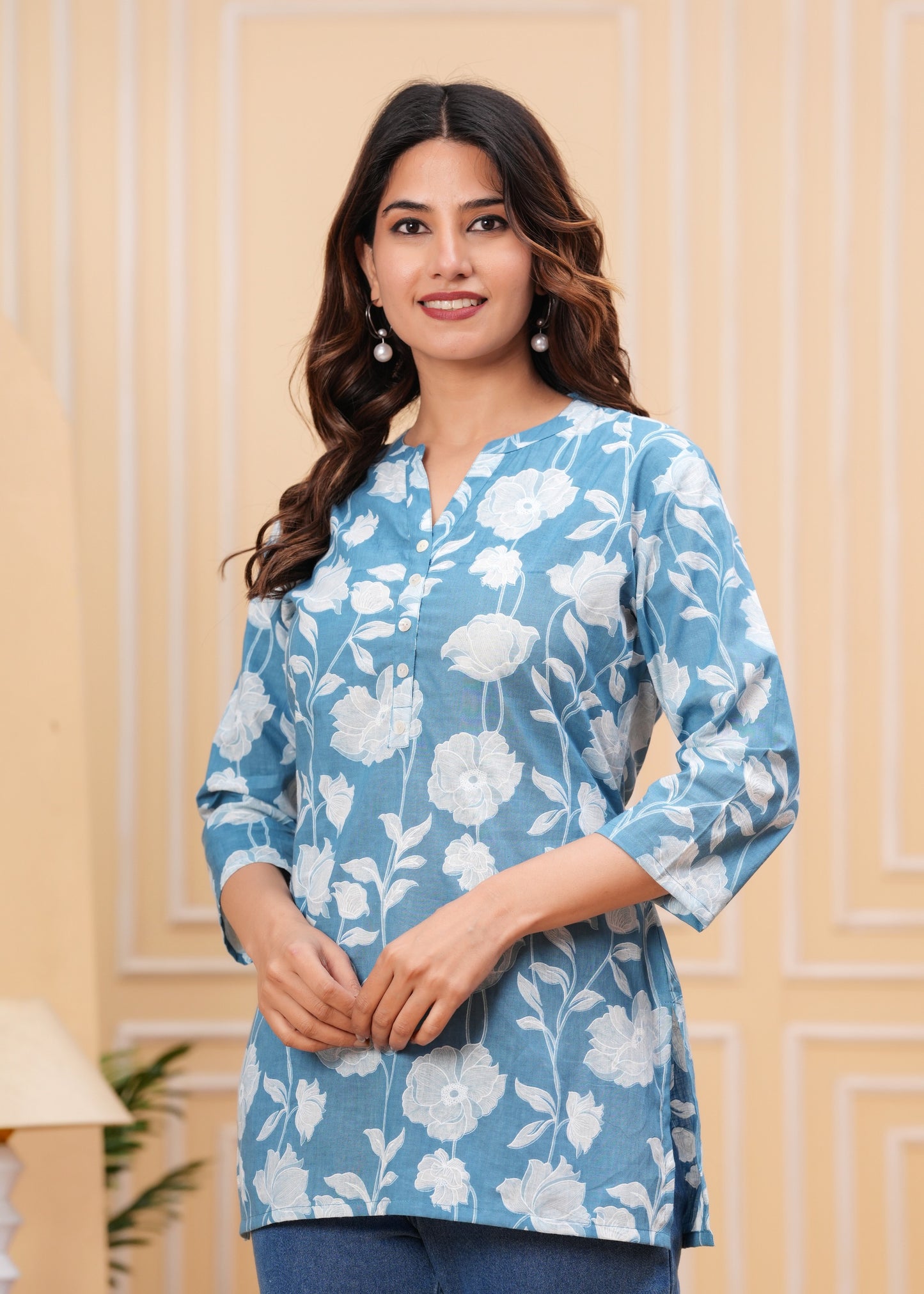 Women's Blue Floral Cotton Short Kurti – 3/4 Sleeve