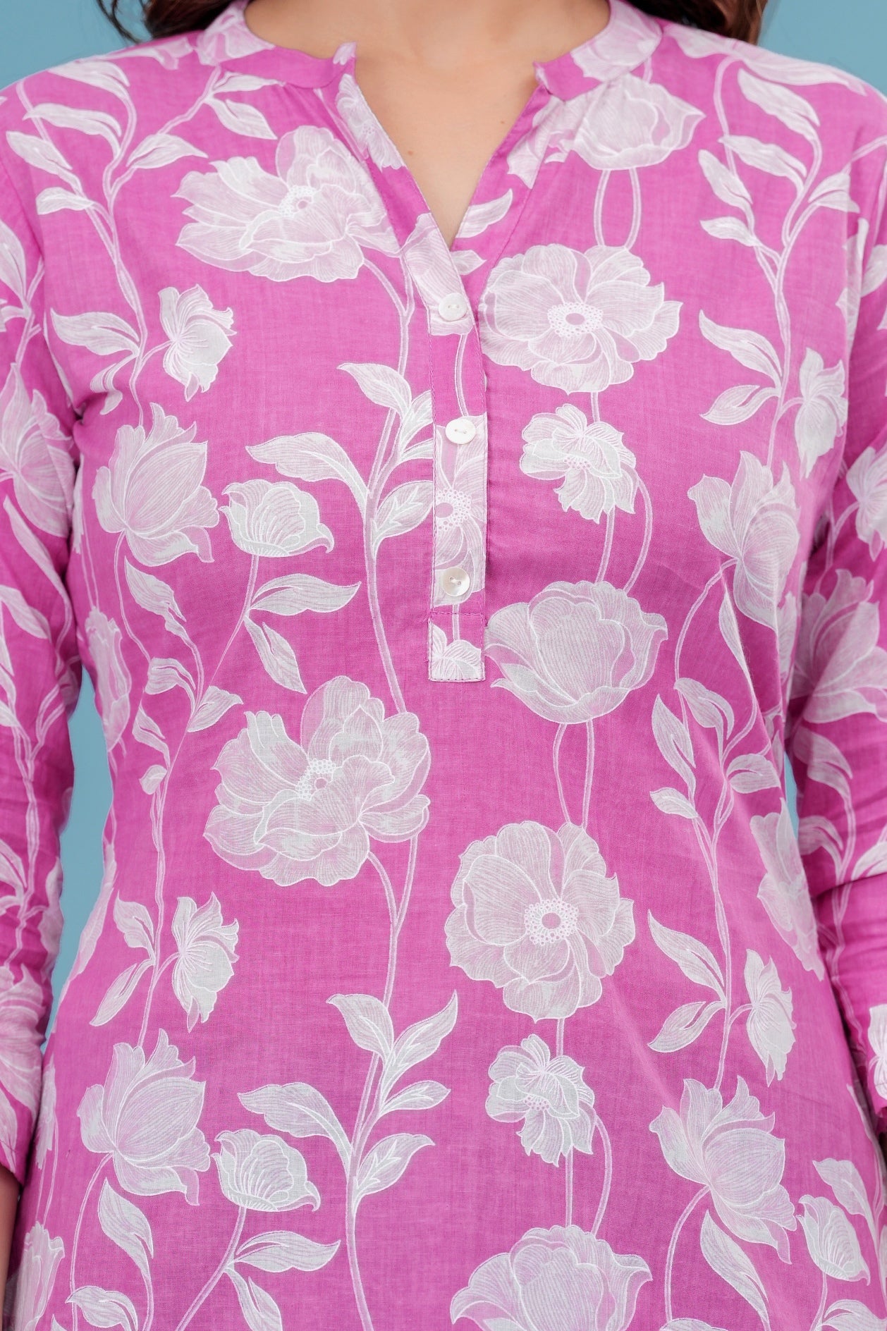 Women's Pink Floral Cotton Short Kurti – 3/4 Sleeve