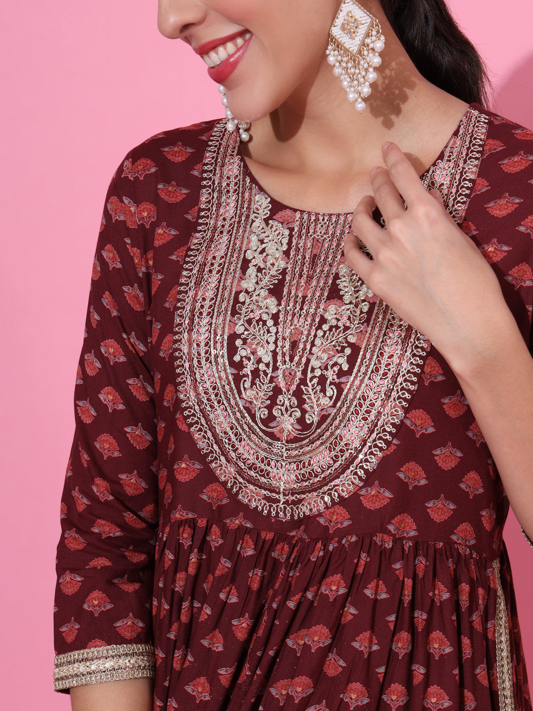 Maroon Ethnic Printed & Embroidered Kurta Set with Dupatta – Festive Wear for Women