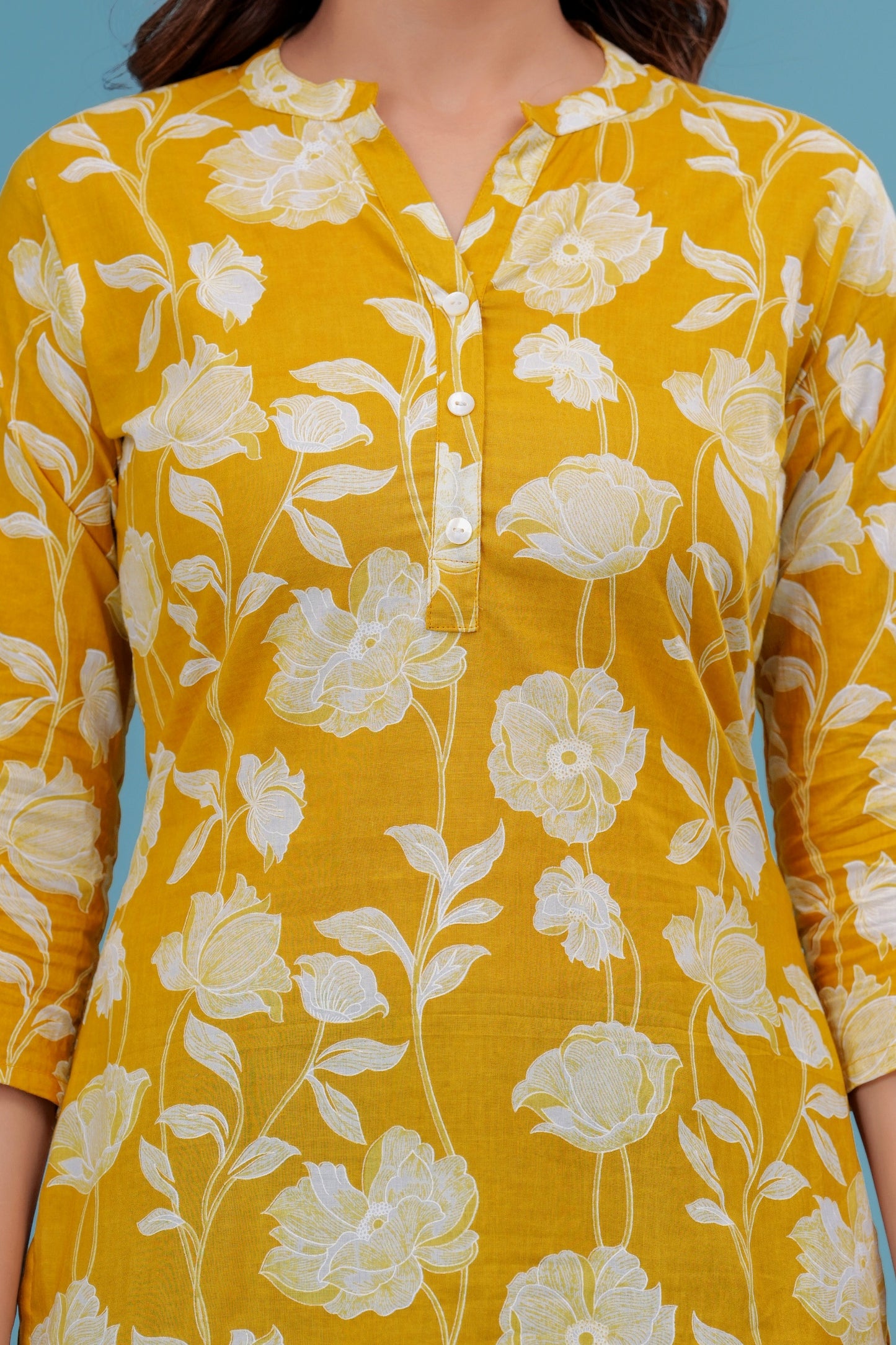 Women's Yellow Floral Cotton Short Kurti – 3/4 Sleeve