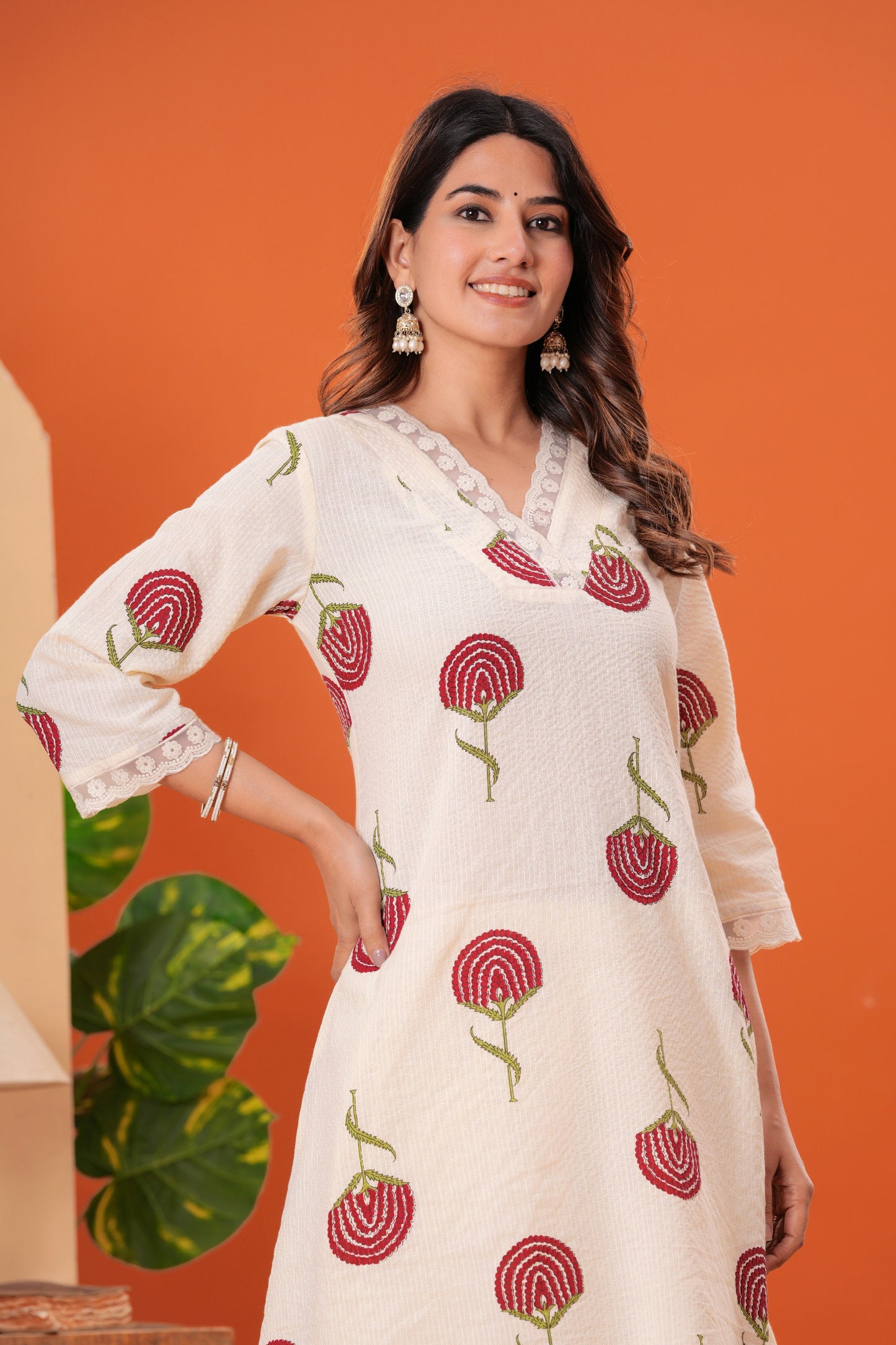 Printed V Neck Pure Cotton Top With Trousers Co-Ords