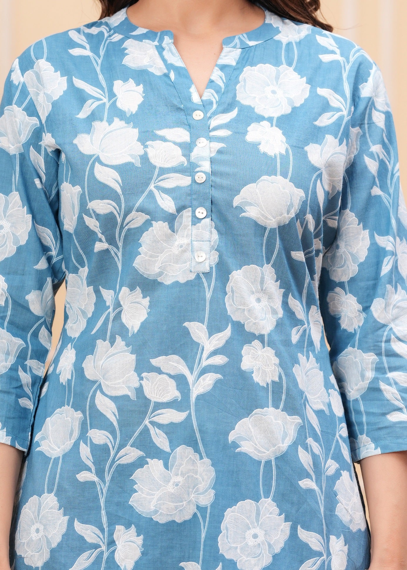 Women's Blue Floral Cotton Short Kurti – 3/4 Sleeve