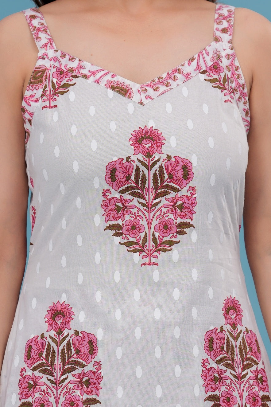 Women's Cotton Printed Striped Kurta Set with Dupatta – White & Pink Flora