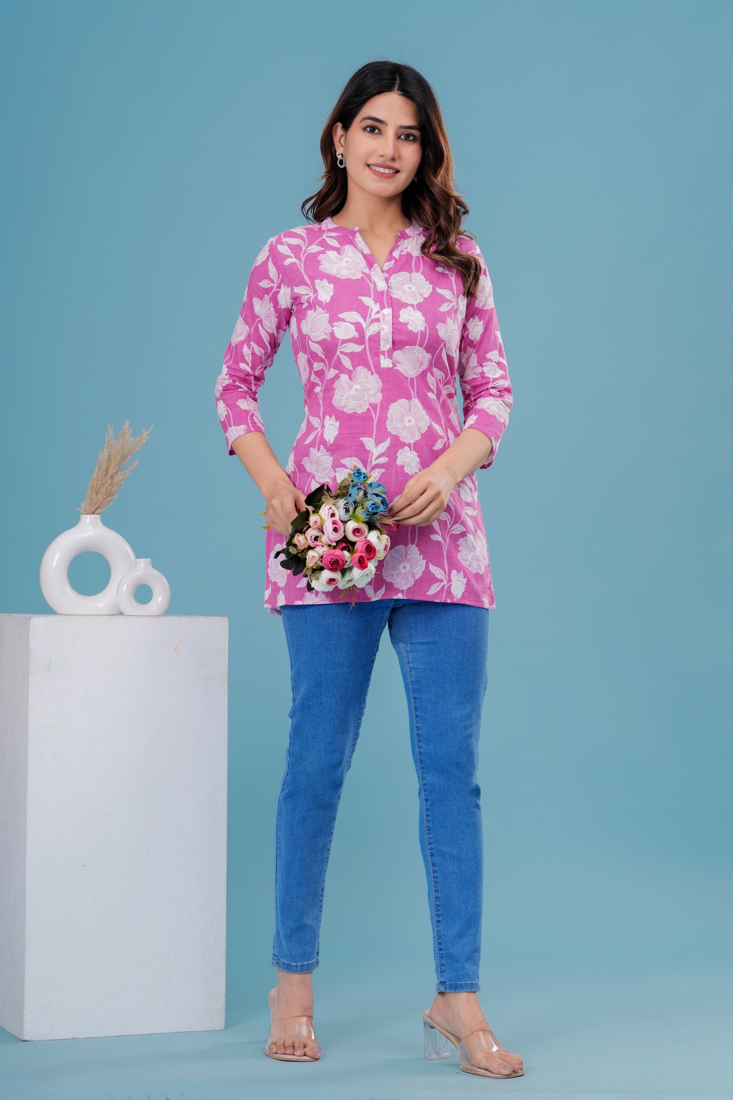 Women's Pink Floral Cotton Short Kurti – 3/4 Sleeve