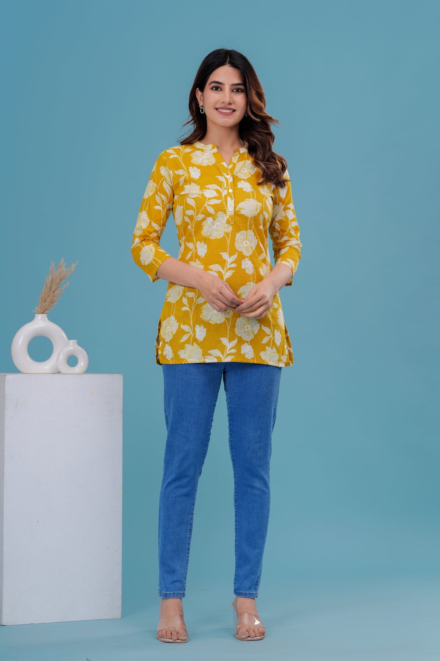 Women's Yellow Floral Cotton Short Kurti – 3/4 Sleeve