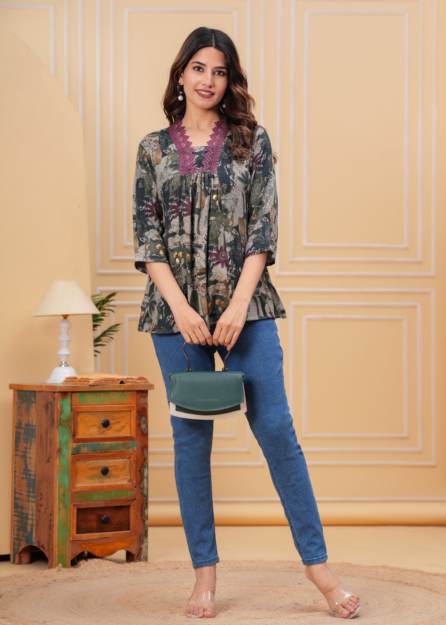 Women’s Printed Tunic Top with Lace Neck Detailing – Casual & Ethnic Fusion Wear