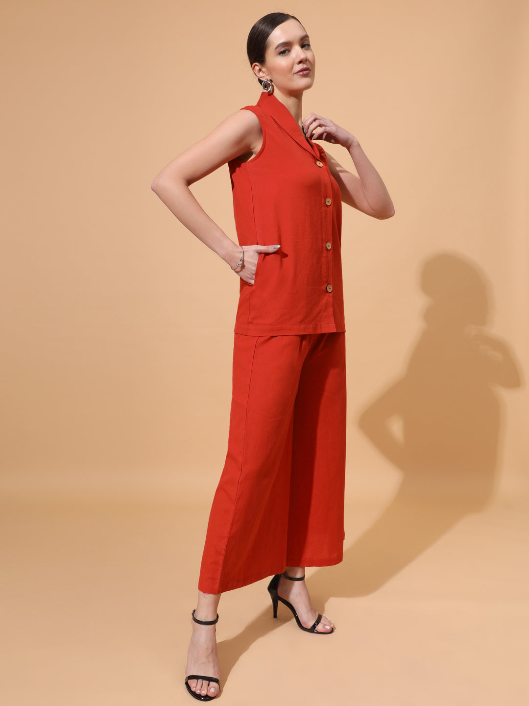 Women's V Neck Pure Cotton Waistcoat With Palazzo Co-Ord