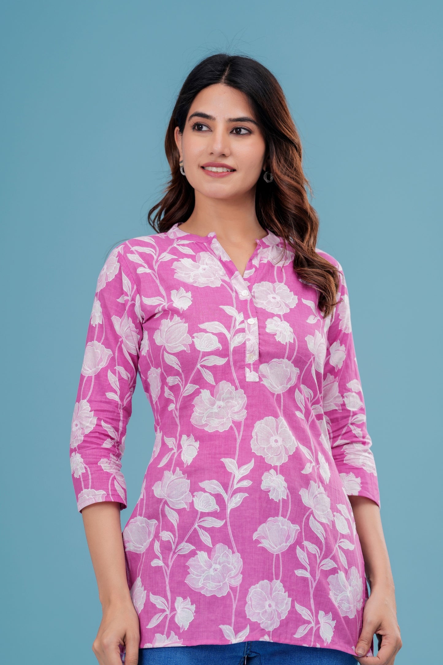 Women's Pink Floral Cotton Short Kurti – 3/4 Sleeve