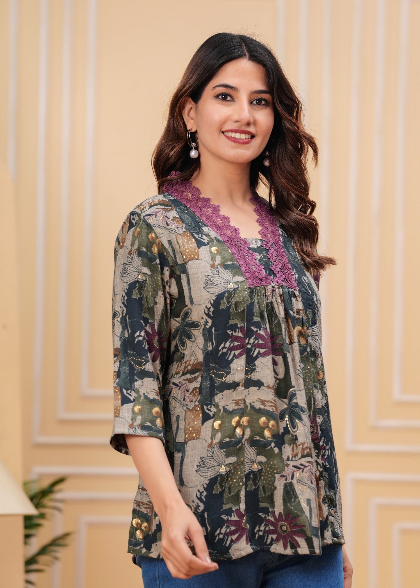 Women’s Printed Tunic Top with Lace Neck Detailing – Casual & Ethnic Fusion Wear