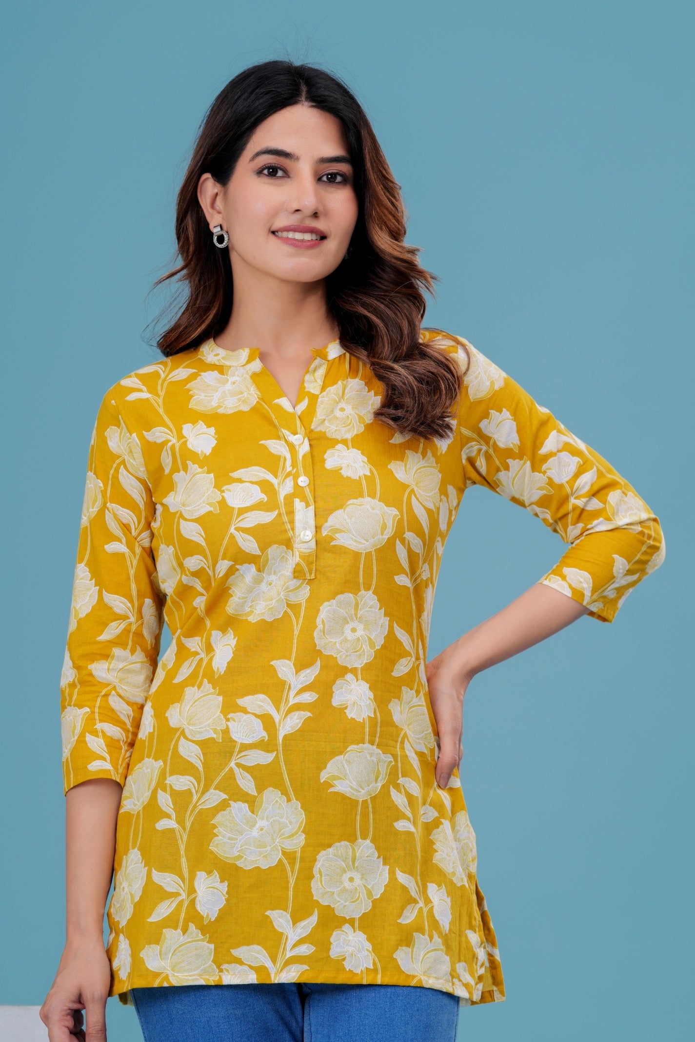 Women's Yellow Floral Cotton Short Kurti – 3/4 Sleeve