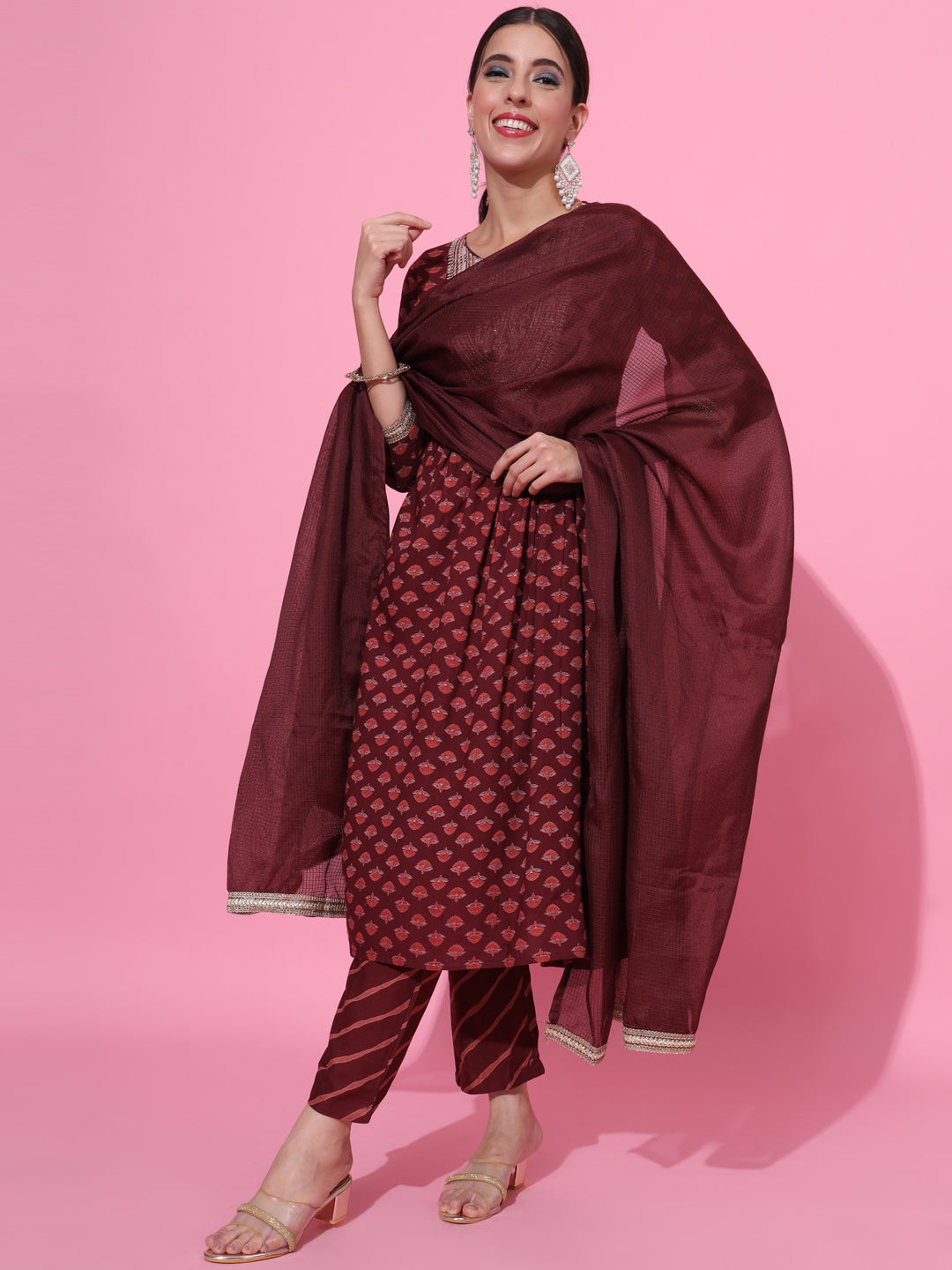 Maroon Ethnic Printed & Embroidered Kurta Set with Dupatta – Festive Wear for Women