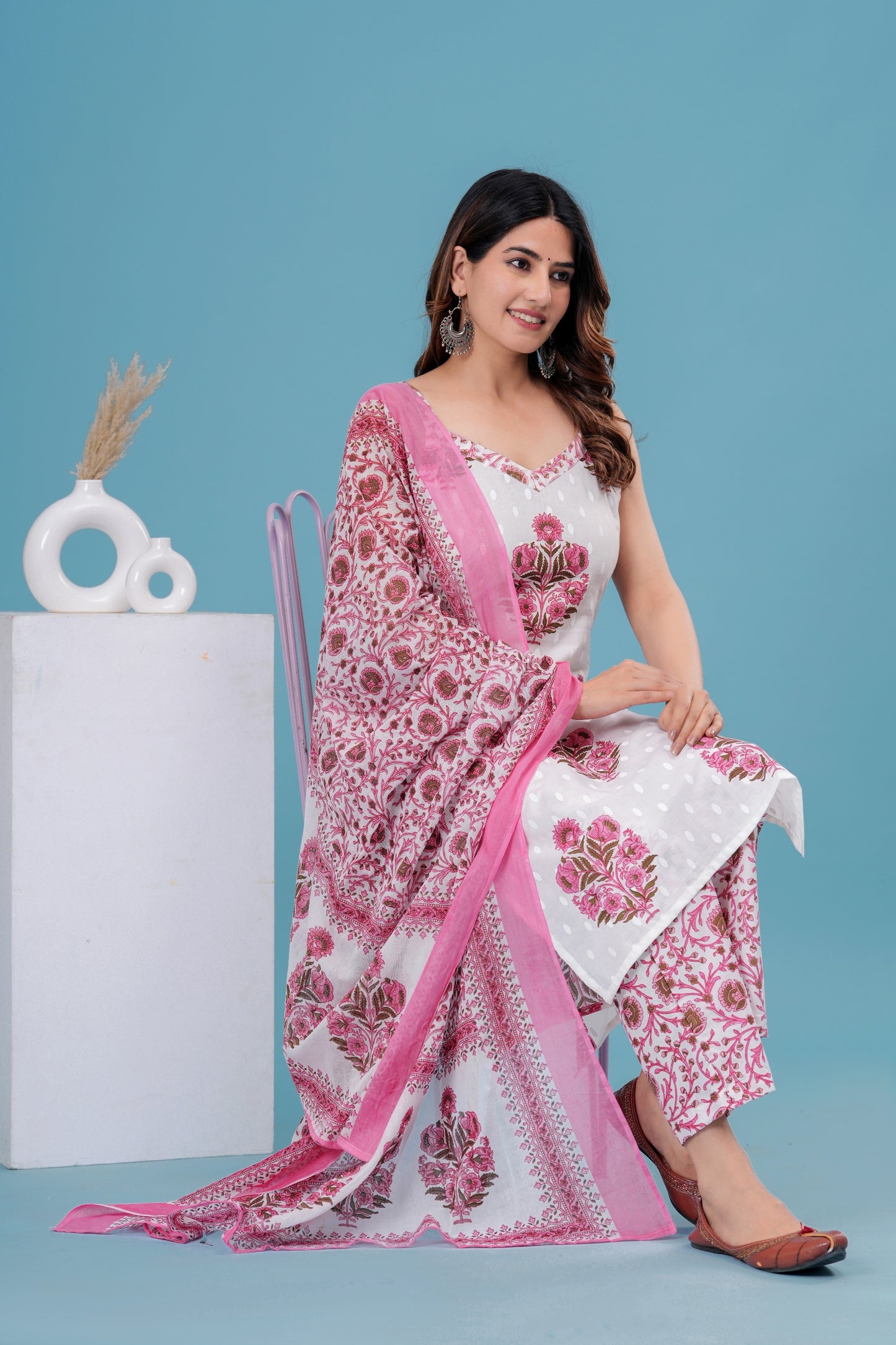 Women's Cotton Printed Striped Kurta Set with Dupatta – White & Pink Flora