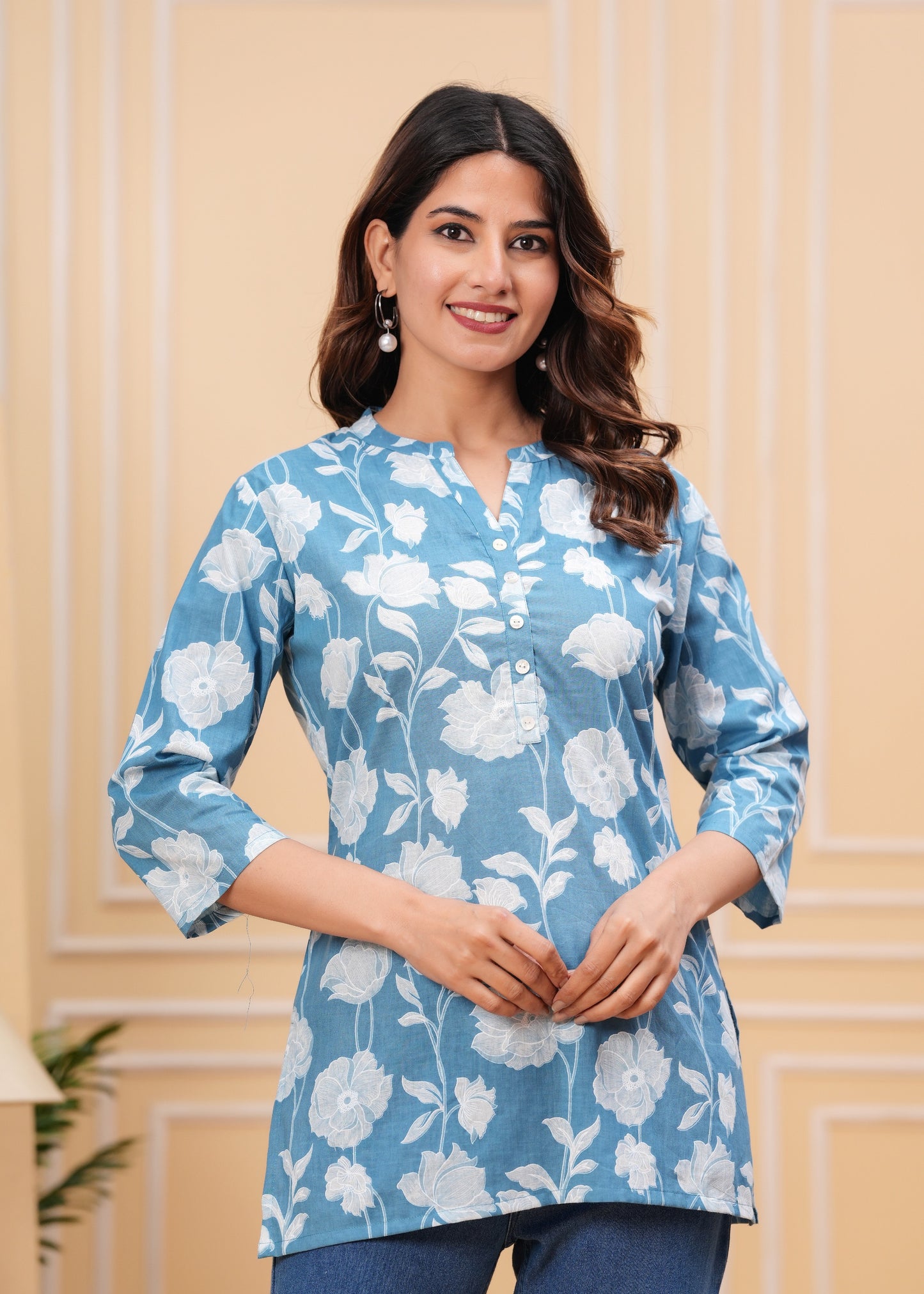 Women's Blue Floral Cotton Short Kurti – 3/4 Sleeve
