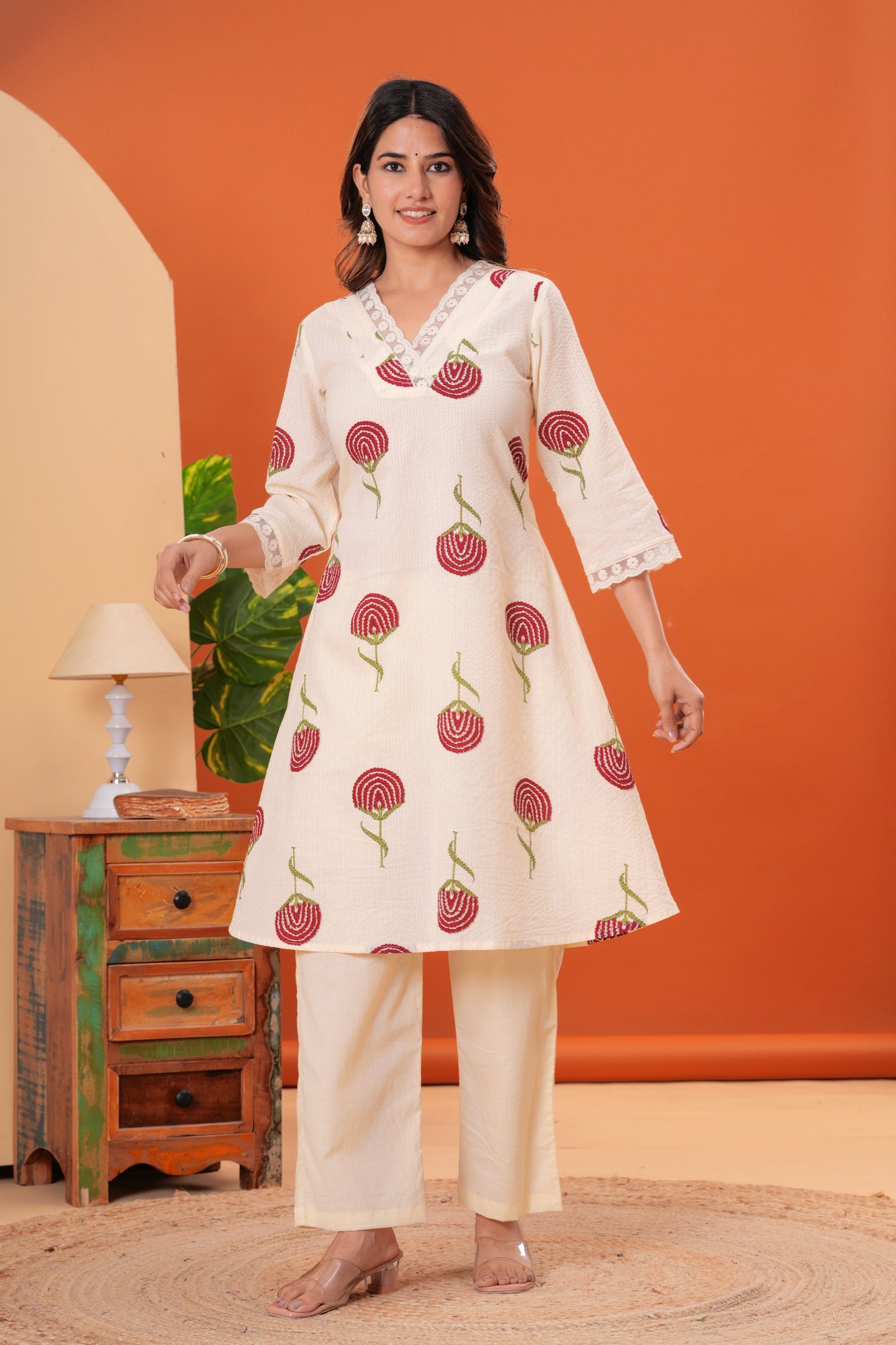 Printed V Neck Pure Cotton Top With Trousers Co-Ords