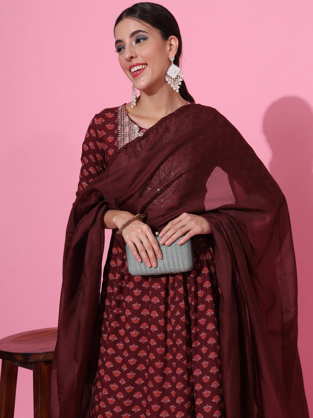 Maroon Ethnic Printed & Embroidered Kurta Set with Dupatta – Festive Wear for Women