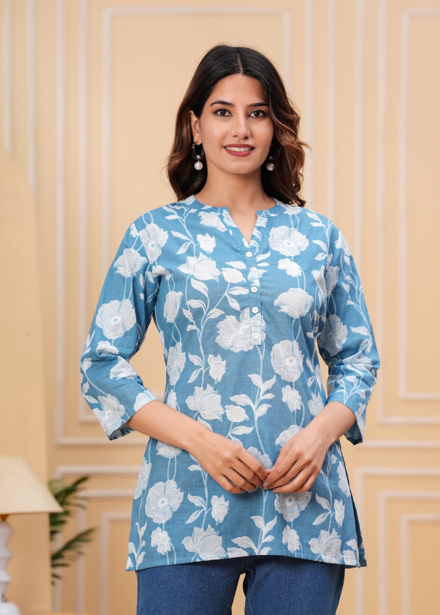 Women's Blue Floral Cotton Short Kurti – 3/4 Sleeve