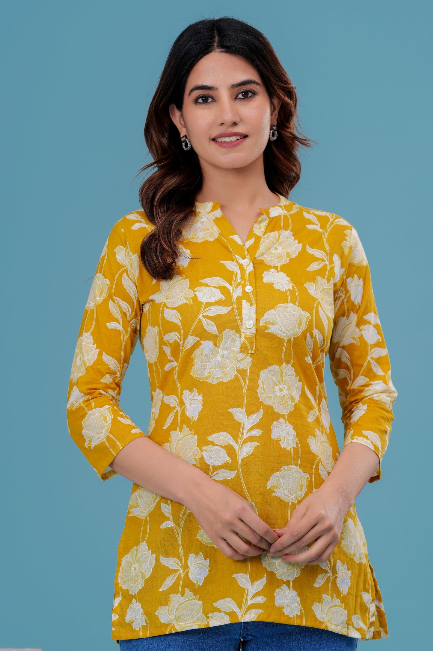 Women's Yellow Floral Cotton Short Kurti – 3/4 Sleeve