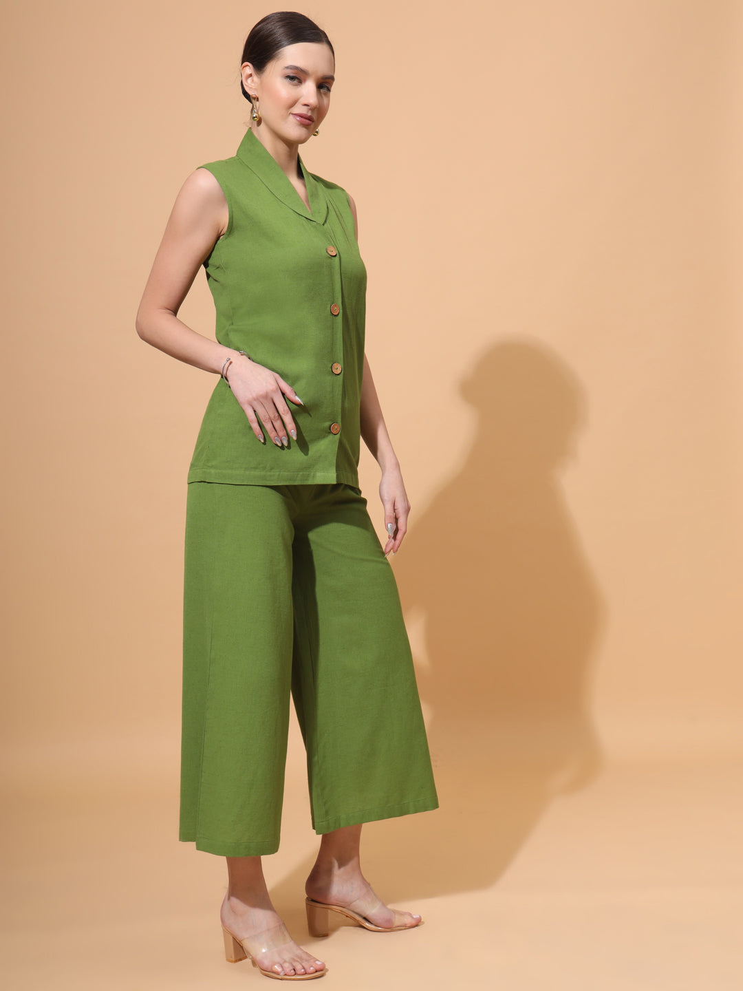 Women's V Neck Pure Cotton Waistcoat With Palazzo Co-Ord