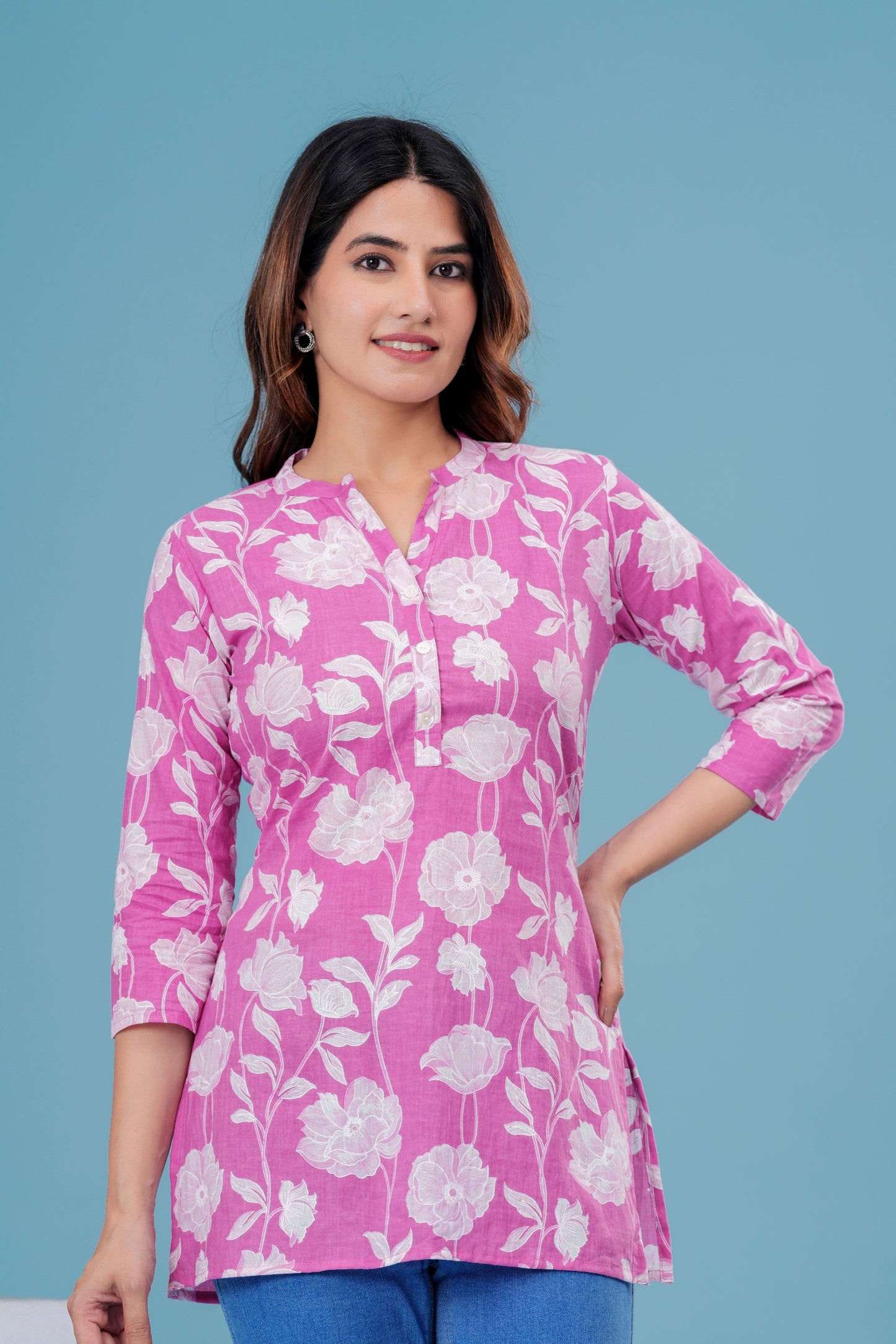 Women's Pink Floral Cotton Short Kurti – 3/4 Sleeve