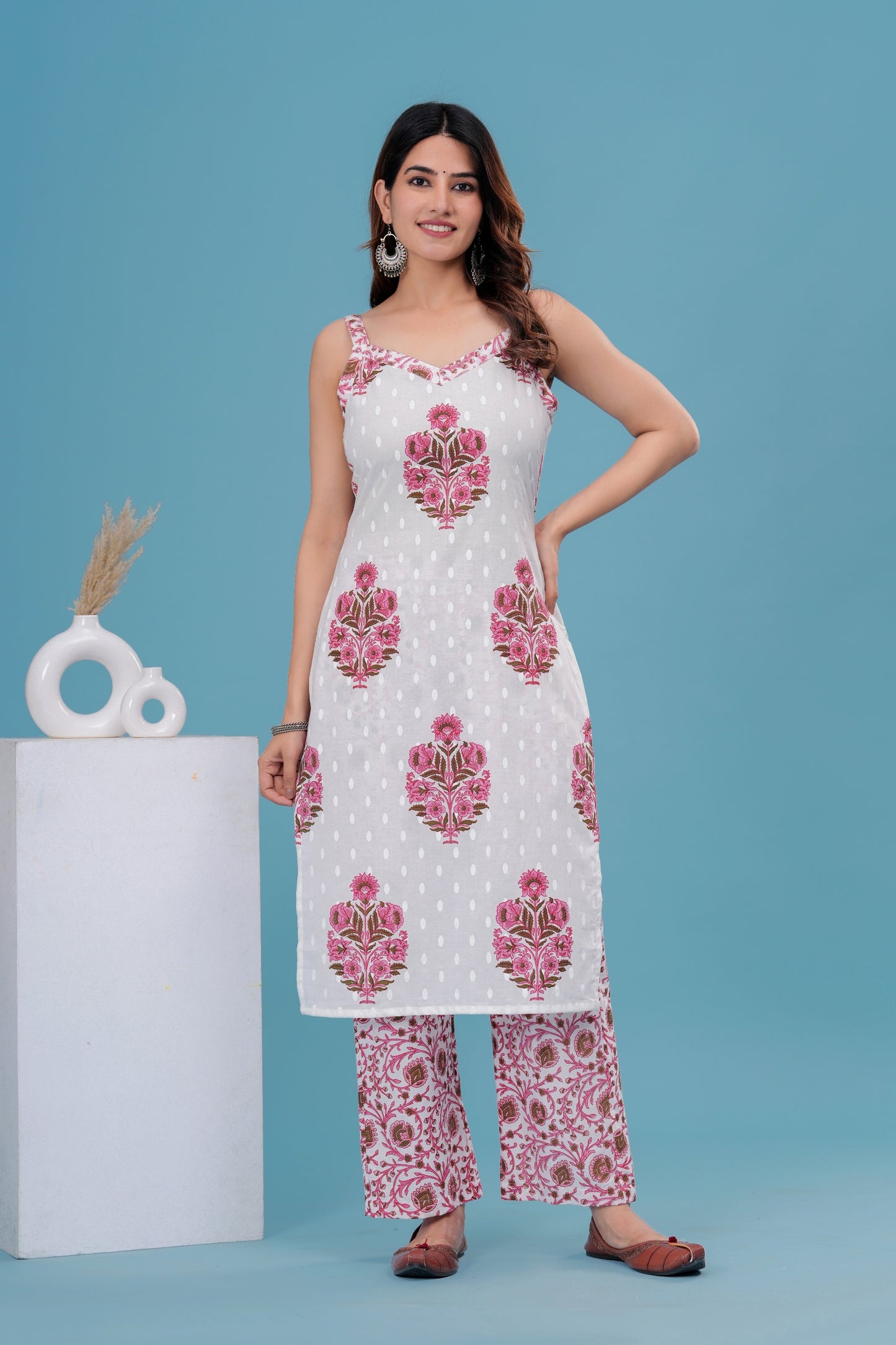 Women's Cotton Printed Striped Kurta Set with Dupatta – White & Pink Flora