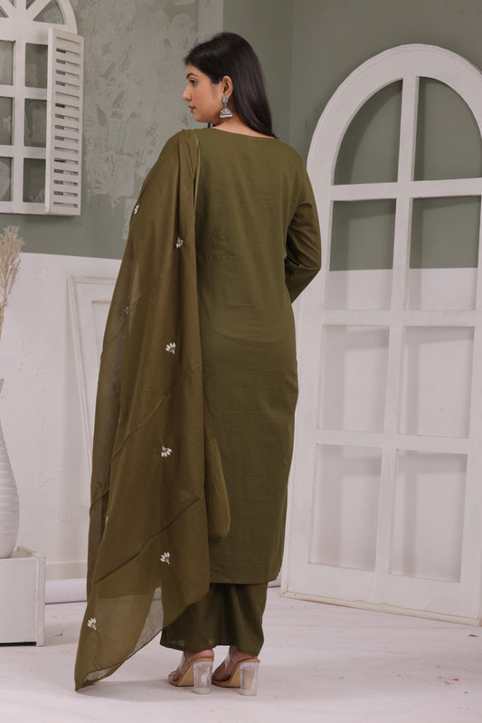 Gulabi Leaf's Solid Pure Cotton Embroidered Kurta, Pant With Dupatta
