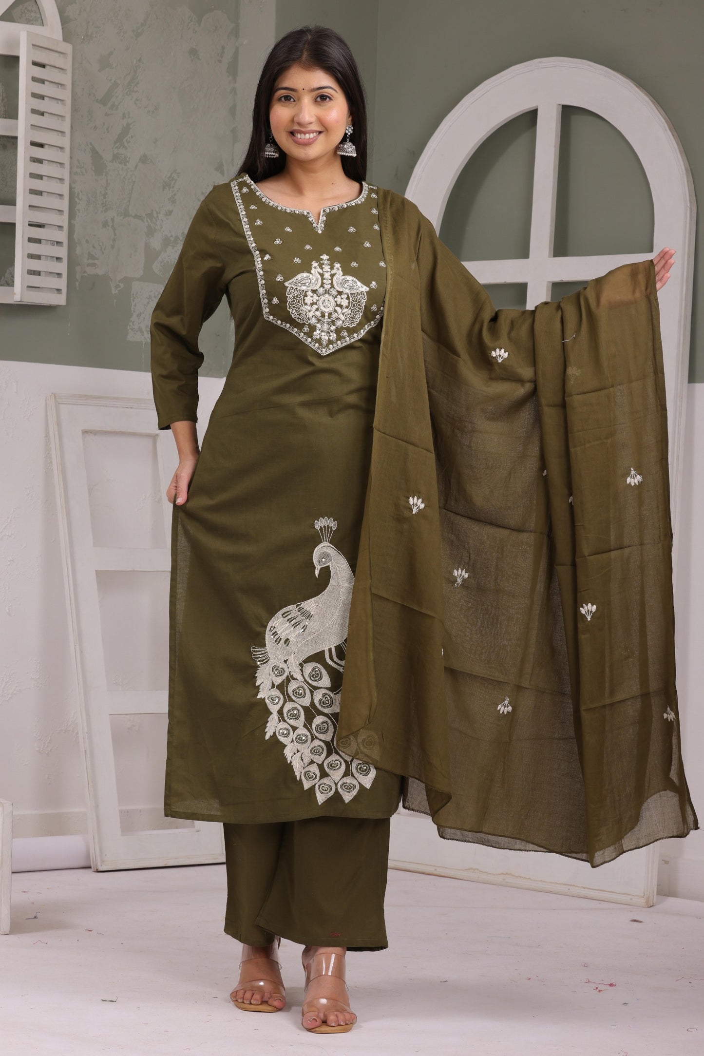 Gulabi Leaf's Solid Pure Cotton Embroidered Kurta, Pant With Dupatta