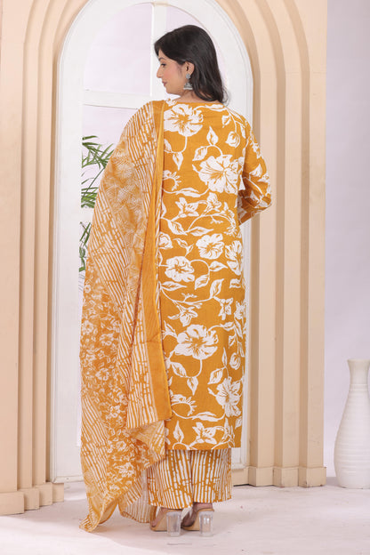Gulabi Leaf Printed Pure Cotton Embroidered Kurta, Pant With Dupatta