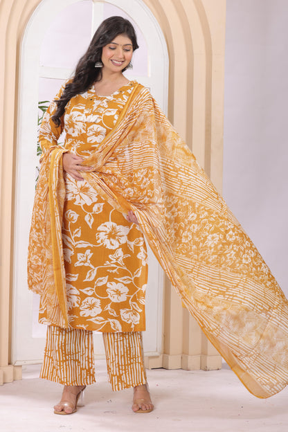 Gulabi Leaf Printed Pure Cotton Embroidered Kurta, Pant With Dupatta