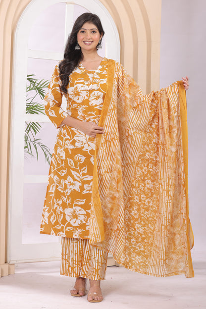Gulabi Leaf Printed Pure Cotton Embroidered Kurta, Pant With Dupatta