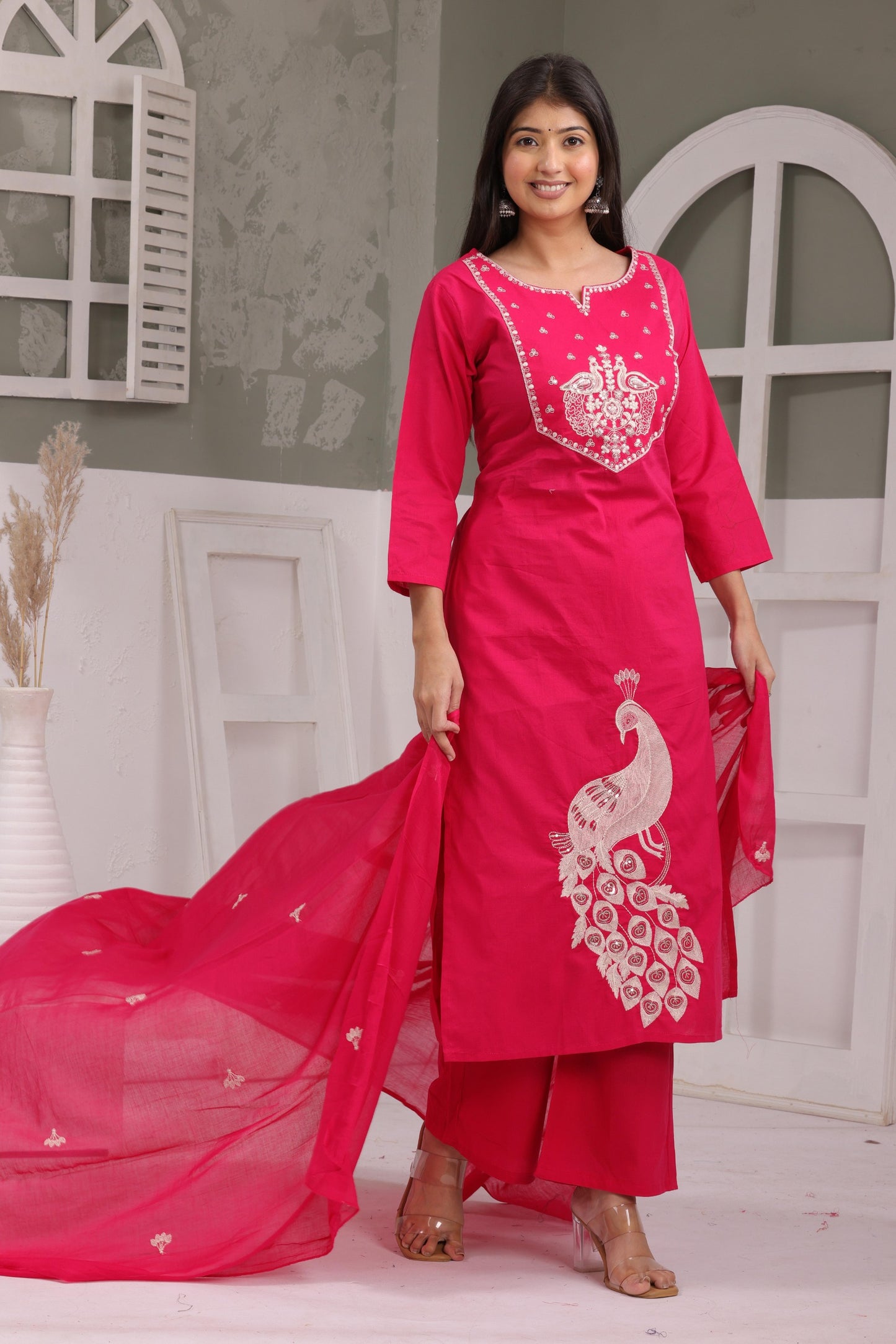 Gulabi Leaf's Solid Pure Cotton Embroidered Kurta, Pant With Dupatta